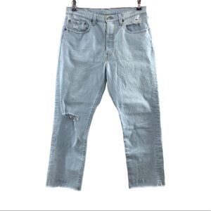 Levis 501 Premium Straight Leg Jeans Womens 31x26 Light Wash Button Fly Distress